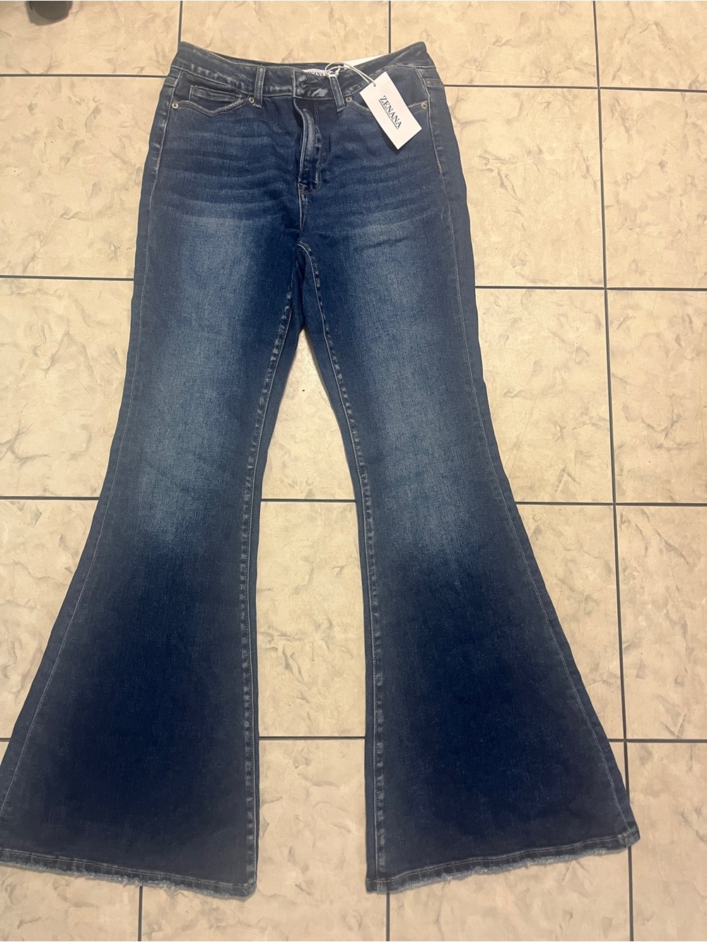 NWT Zenana Stretch Denim Open Flare Jeans Fray Hem  Size 30